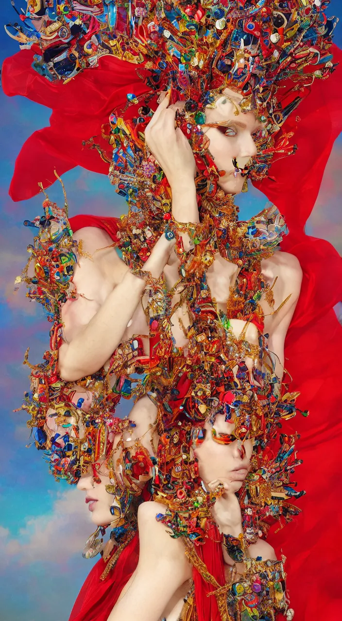 Image similar to a female character design, full body, wearing high fashion, beads hanging over her face like an alexander mcqueen headdress, costume by eiko ishioka, haute couture, dior, and a red cape by moebius, steven outram, colourful and psychedelic, hd, 8 k, artstation, high quality, ultra detailed