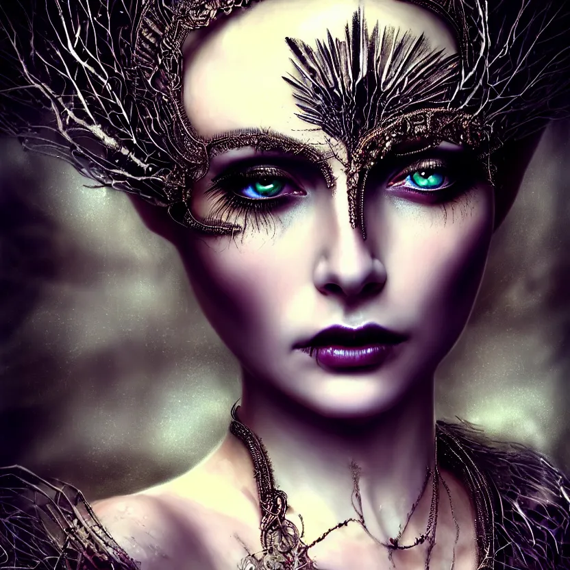 Image similar to mindblowing portrait of the enchantress queen, a stunning timeless beauty, breathtaking eyes, perfect skin, feathered eyelashes, royal gothic dress with a lot of leather, heavy silent hill aesthetic, incredibly intricate, digital art, blender, houdini & photoshop, very elegant & complex, hyper-maximalist, overdetailed, epic cinematic quality, biblical art lighting, photorealistic, lifelike, OLED, DSLR HDR 8k, face is the focus, facial feature symmetry, hyper composed, created by Nixeu & z--ed from deviantart