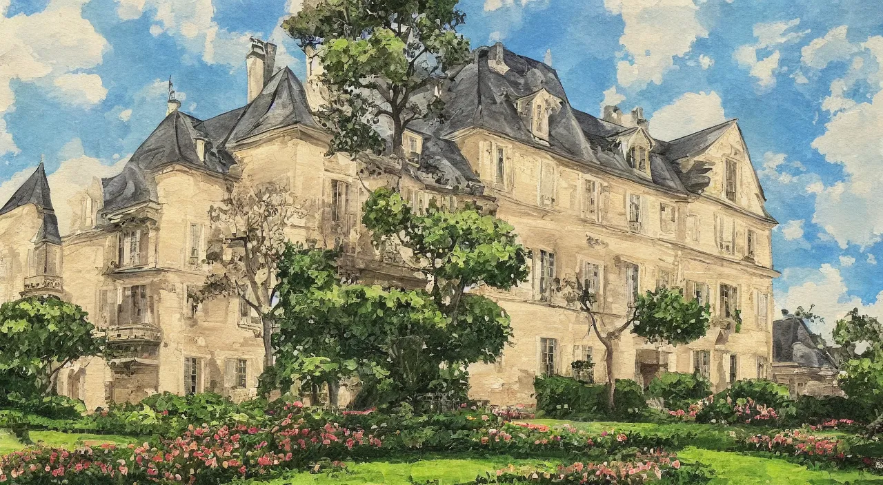 Image similar to a painting of a French manor, in the style of anime