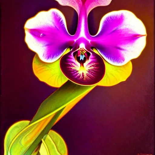 Prompt: surreal psychedelic orchid flower hybrid, lsd, diffuse lighting, art by collier, albert aublet, krenz cushart, artem demura, alphonse mucha