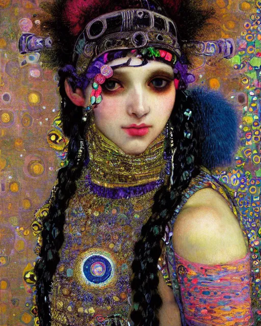 Image similar to a close up of beautiful decora cybergoth emo girl wearing a balaclava surrounded by colourful intricate patterns, by gustave klimt edgar maxence and caravaggio and michael whelan, intricate painting, hyper realistic, extremely detailed and beautiful aesthetic face, 8 k resolution