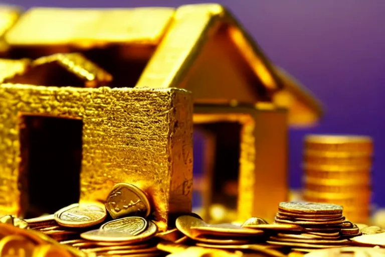 Image similar to a house, made of gold, under construction, with builders, with piles of coins around it