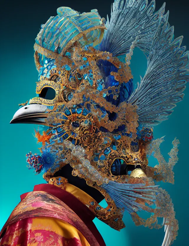 Image similar to 3 d shaman in venetian mask close - up profile portrait. beautiful intricately detailed japanese crow kitsune mask and clasical japanese kimono. betta fish, jellyfish phoenix, bio luminescent, plasma, ice, water, wind, creature, artwork by tooth wu and wlop and beeple and greg rutkowski