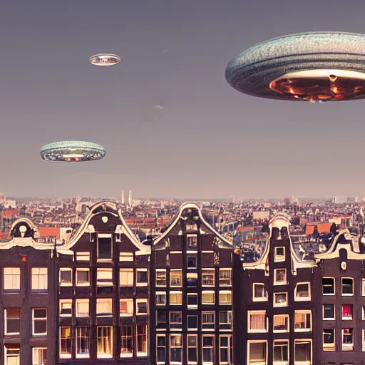 Prompt: massive ufos flying above amsterdam, intricate artwork by tooth wu and wlop and beeple, octane render, hyper realism, 8 k