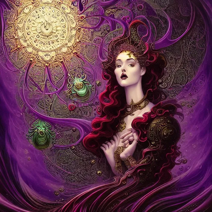 Image similar to depicting a beautiful female radiant holy cleric, in the style of h. p. lovecraft and joe fenton, exuberant organic elegant forms, by karol bak and filip hodas : : 1. 4 purple, red, blue, green, black intricate mandala explosions : : intuit art : : turbulent water backdrop : : damask wallpaper : : atmospheric