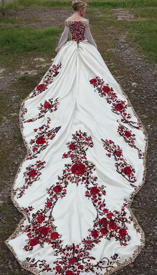 Image similar to long beautiful voluminous medieval court dress with train and embroidered flowers