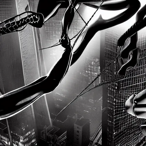 Image similar to SpiderMan vs. Doctor Octopus in Sin City movie, incredibly detailed, photorealistic, black and white, cinematic lighting, trending on artstation, 4k, hyperrealistic