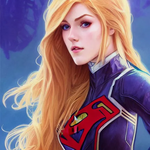 Image similar to Katherine McNamara with blonde hair as Super Girl, western, D&D, fantasy, intricate, elegant, highly detailed, digital painting, artstation, concept art, matte, sharp focus, illustration, art by Artgerm and Greg Rutkowski and Alphonse Mucha