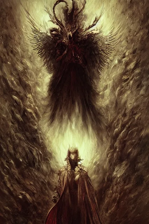 Prompt: portrait of the fallen angel lucifer by denis forkas and agostino arrivabene as diablo, resident evil, dark souls, bloodborne monster