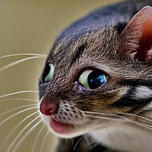 Prompt: national geographic nature photo of a grotesque mouse-cat looking straight into the camera