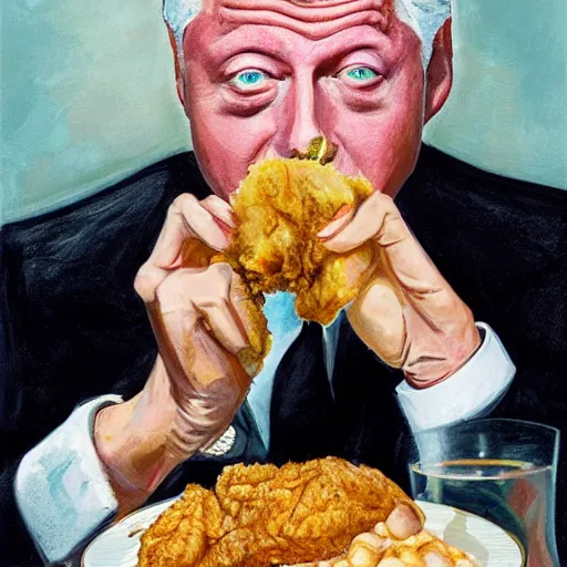 Prompt: a highly detailed, full length, gorgeous portrait of bill clinton, eating fried chicken
