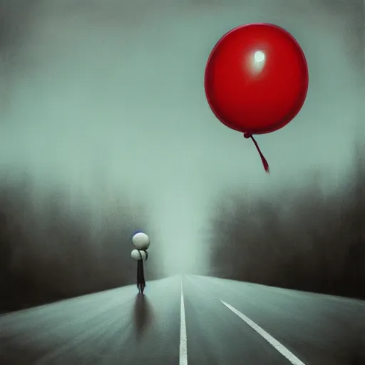 Image similar to grunge painting of an empty road with a wide smile and a red balloon by Zdzisław Beksiński, loony toons style, pennywise style, corpse bride style, creepy lighting, horror theme, detailed, elegant, intricate, conceptual, volumetric light