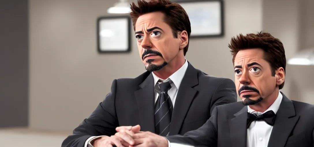 Image similar to a very high resolution image of tony stark. from an episode of the office with micheal scott. photorealistic, photography