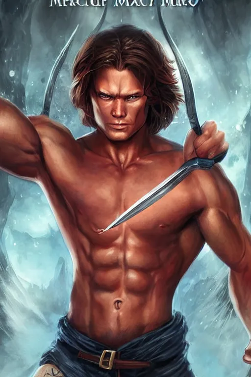 Image similar to muscular sam winchester as a mage in the cover of an acotar book. d & d!, fantasy style, sharp focus!, ultra detailed, art by artgerm, wlop, ilya kuvshinov