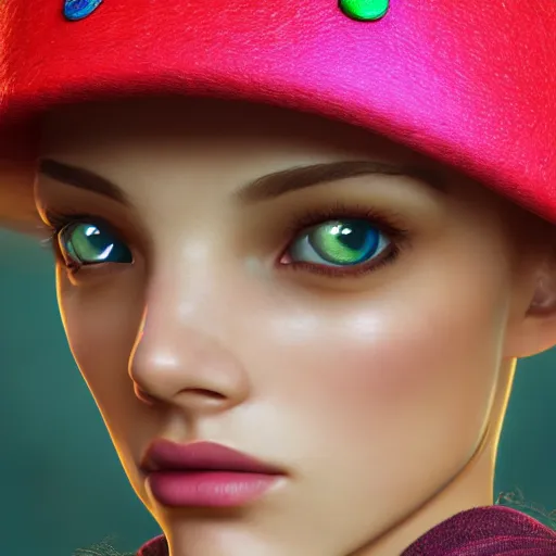 Prompt: highly detailed close up portrait of a girl in a mushroom hat, studio lightning, bright colors, intricate, masterpiece, photorealistic, hiperrealistic, sharp focus, high contrast, Artstation HQ, DeviantArt trending, 4k UHD, Unreal Engine 5