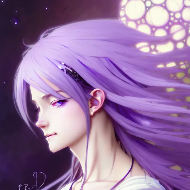 Image similar to anime girl with flowing lavender hair, purple eyes and white dress, black jewellery, digital artwork, very beautiful face, pretty smile, extremely detailed art by greg rutkowski and alphonse mucha