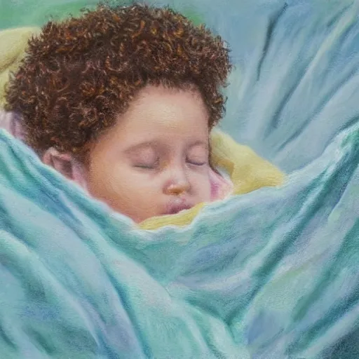 Image similar to a small curly headed child sleeping in a crib, beautiful painting, pastel colors, oil on canvas