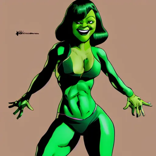 Image similar to Actress Zoe Saldana as She-Hulk, smiling, poster framed, comic pinup style, sports illustrated, detailed legs, artstation, illustration, posterized, Roge Antonio, Jen Bartel