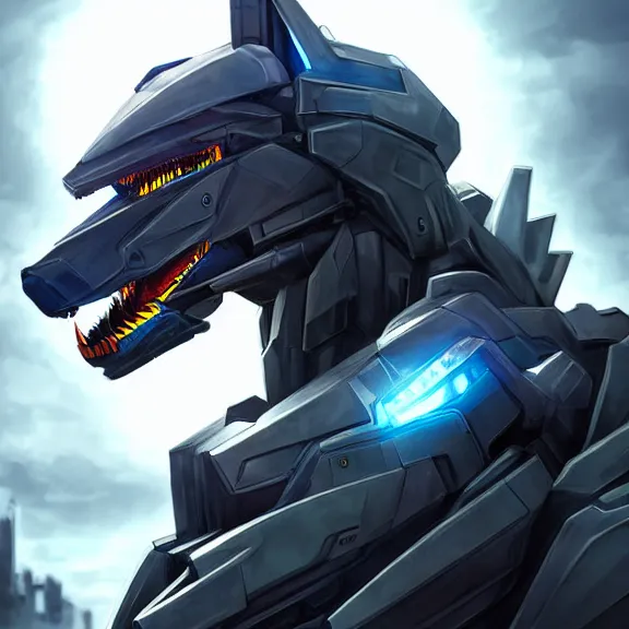 Image similar to hyper realistic, epic, highly detailed cinematic full body shot of a feral mecha canine, sharp claws, sleek armor, glowing visor, destroying city, digital art, furry art, dragon art, zoids art, furaffinity, deviantart, sofurry