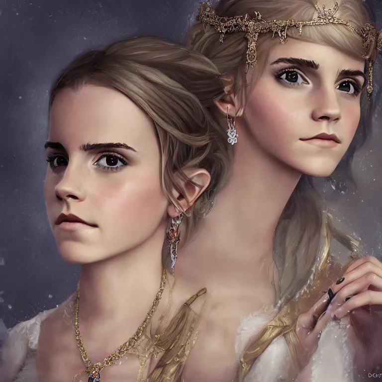 Image similar to emma watson a fantasy portrait of a beautiful noble elf princess with blonde hair and regal jewellry by bowater, symetrical, elegant, 4 k, charlie