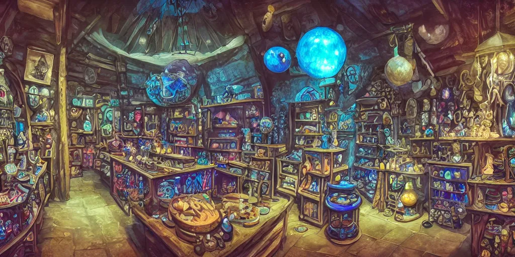 Prompt: inside a magical item shop, fantasy potion vendor interior, a black crystal ball with blue lightning, studio ghibli studio art style, wide angle, gothic interior