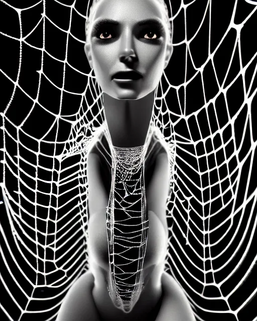 Image similar to black and white cyborg-plant goddess high quality photo, artificial intelligence, bio-mechanical bio-luminescence, artificial complex spider web, neurons, nerve cells, octane render, cinematic, rim light, hyper realism, photo-realistic, high detail, 8k, in the style of Steven Meisel and Dora Maar and H.G. Giger