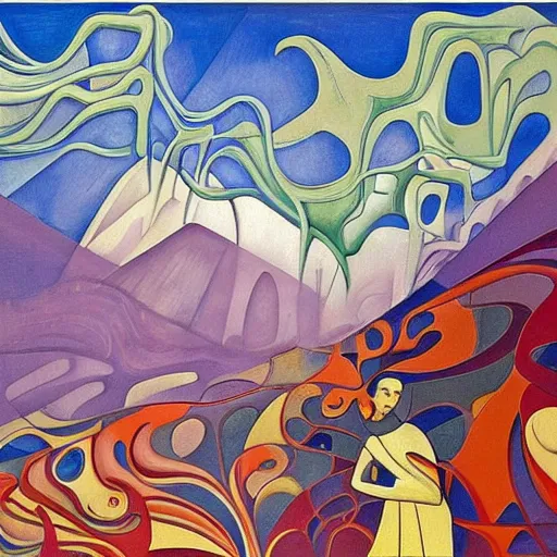 Image similar to imagine art nouveau : : 1 0 0 metaphysical art : : 5 futurism : : 1 5 vorticism : : 2 5 surrealism : : 1 5 indigenism : : 1 5 early morning in the eifel mountains werner peiner 1 9 3 8 : : 5 muralism : : 5 neo - figurative art : : 1 0 maximalism : : 1 0