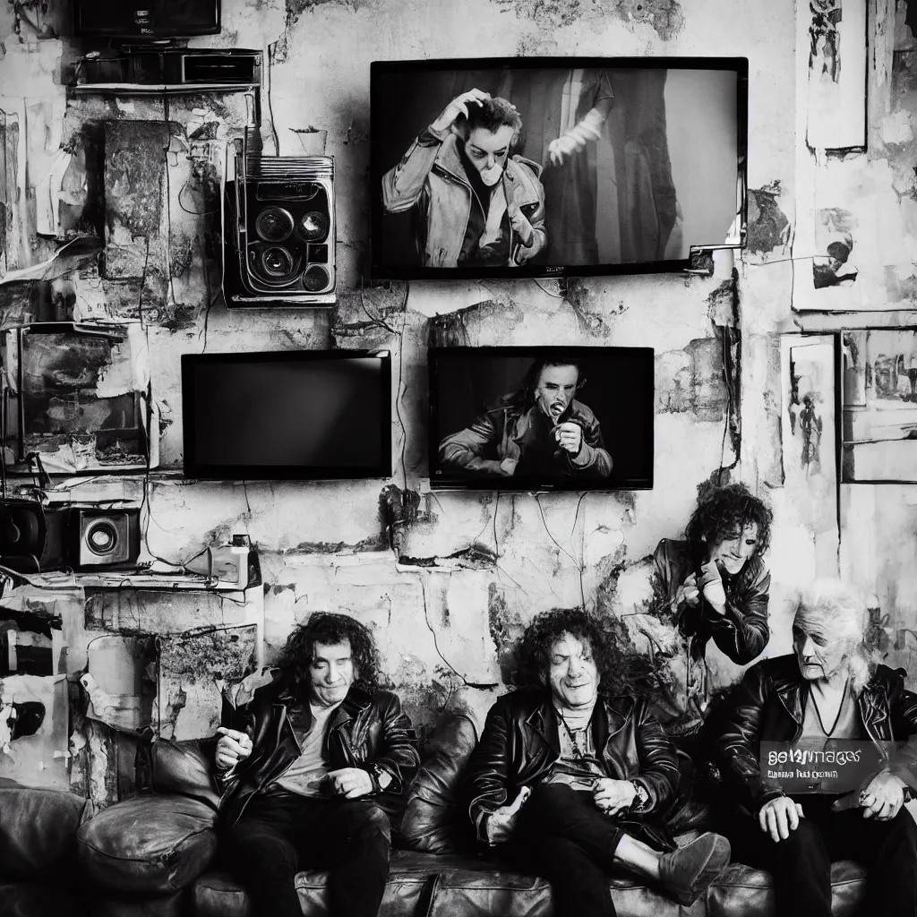 Prompt: old rockers in leather jackets watch clips on tv in an old shabby apartment, a music concert is shown on tv