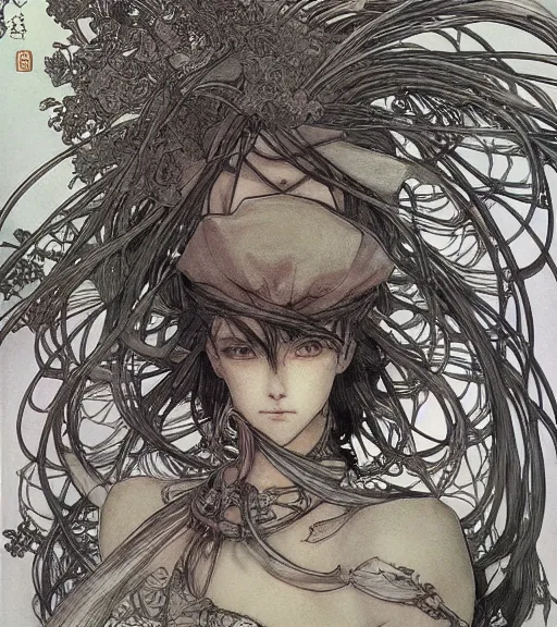 Image similar to yoshitaka amano anime painting, intricate line drawings, pen and ink, alphonse mucha, claire wendling, kentaro miura, ruan jia