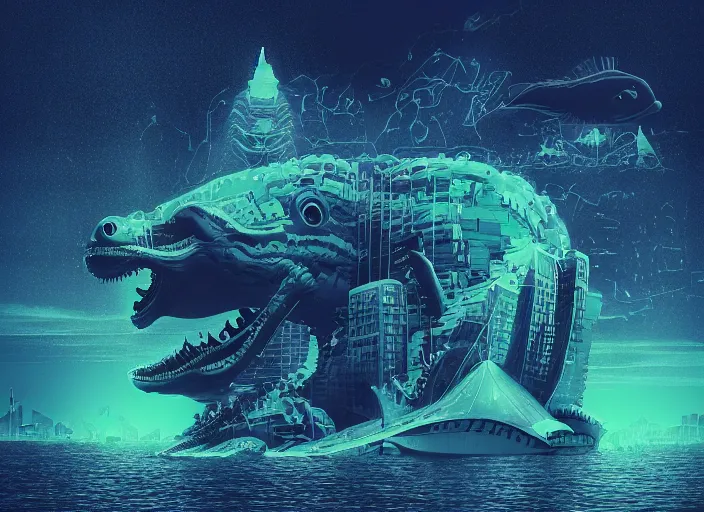 Image similar to seattle being attacked by a sea monster, by beeple