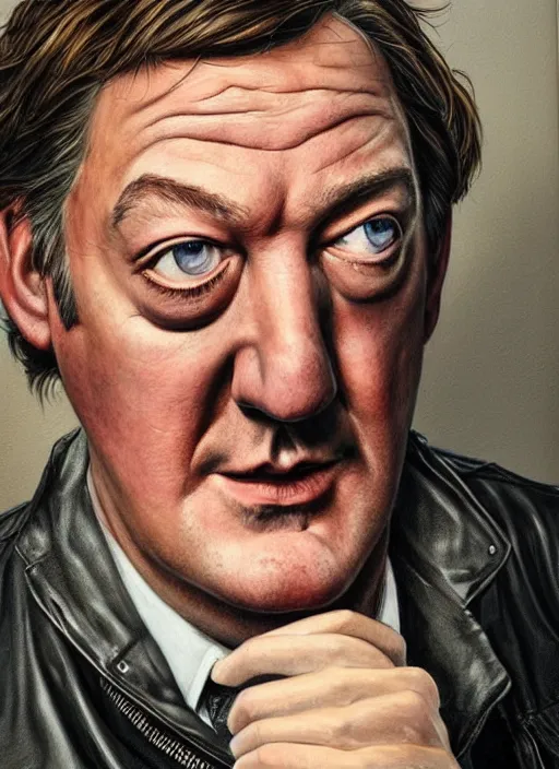 Image similar to portrait of stephen fry, gritty, dark, wearing a leather jacket, very detailed eyes, hyperrealistic, very detailed painting by Glenn Fabry, by Joao Ruas, by Artgerm