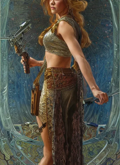 Image similar to Adrianne Palicki as a beautiful young woman holding a pistol, fantasy, intricate, elegant, highly detailed, centered, digital painting, artstation, concept art, smooth, sharp focus, illustration, art by artgerm and donato giancola and alphonse mucha