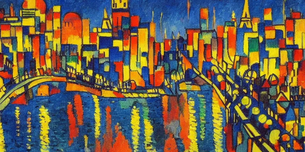 Prompt: fine detail painting of paris at night by kandinsky, ornate