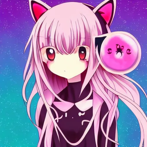 Image similar to digital card art of anime (cat) girl with cat ears surrounded by magic circles. Pink hue. Highly detailed. Beautiful