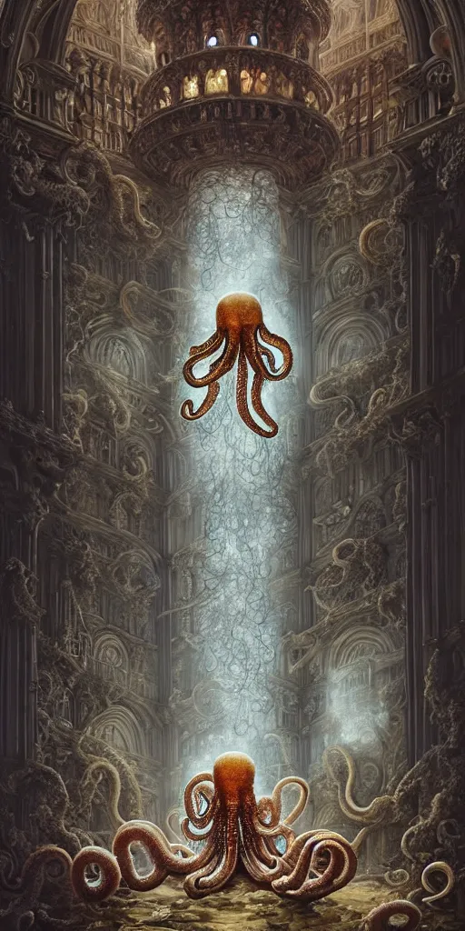 Prompt: group of mankind species mages with big translucent octopus heads and translucent jellyfishes floating around inside an ancient mage castle hall colossal scale, gothic and baroque, brutalist architecture, ultradetailed, Intricate by Ellen Jewett and Josan Gonzalez and Giuseppe Arcimboldo