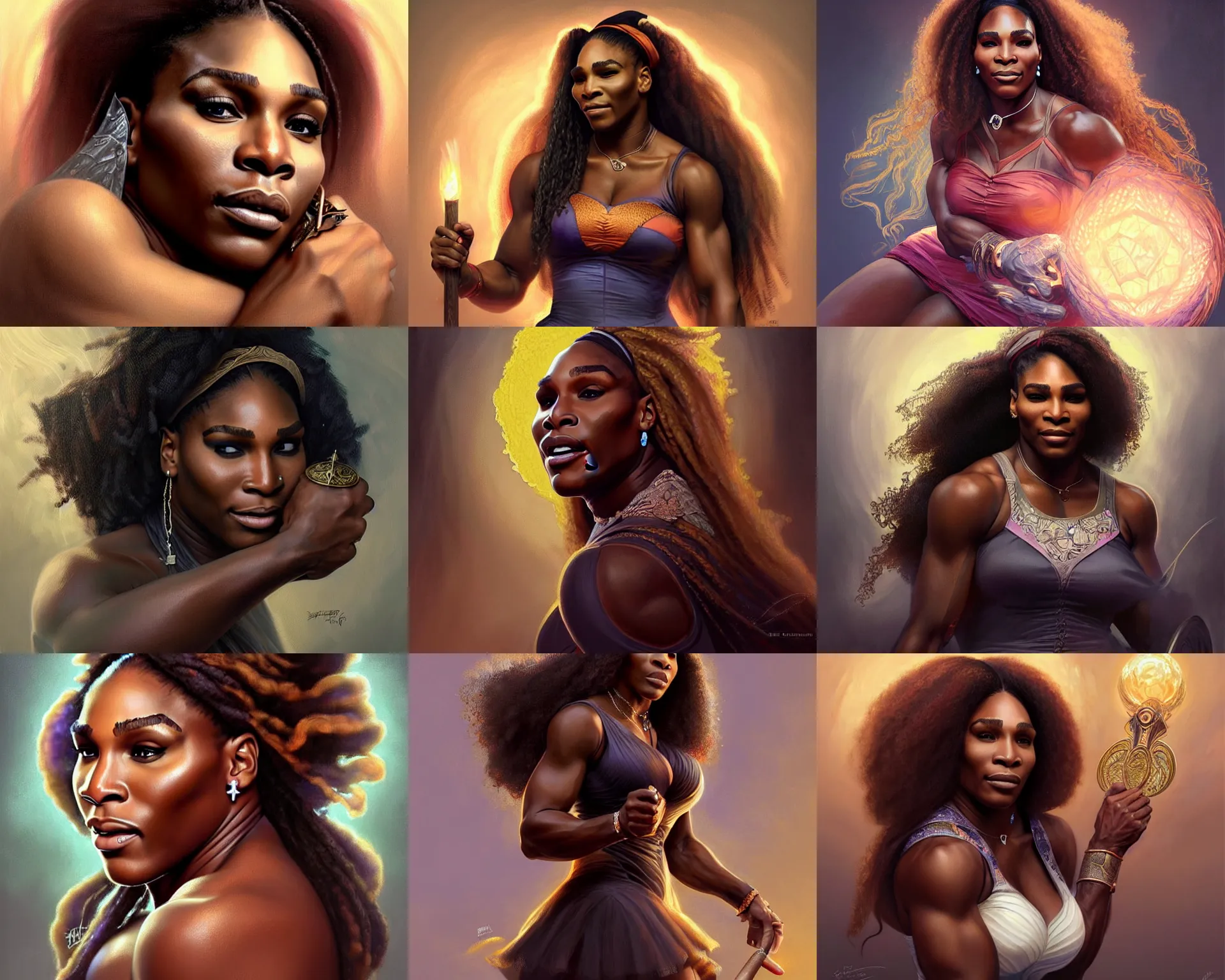 Prompt: mindblowing portrait of serena williams as a witch, deep focus, d & d, fantasy, intricate, elegant!!, beautiful, highly detailed, digital painting, artstation, concept art, matte, sharp, illustration, hearthstone, art by artgerm and greg rutkowski and alphonse mucha