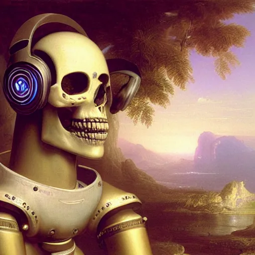 Image similar to a painting by Thomas Cole of a vaporwave robot skull wearing headphones highly detailed chromatic 3d rendering from 1996