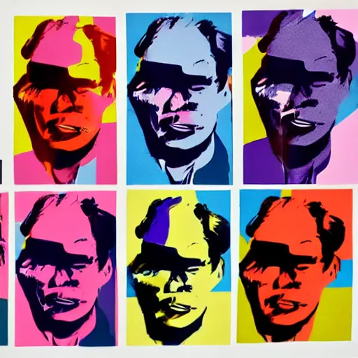 Image similar to silkscreen and lithography to create colorful cyborgs in the style of andy warhol