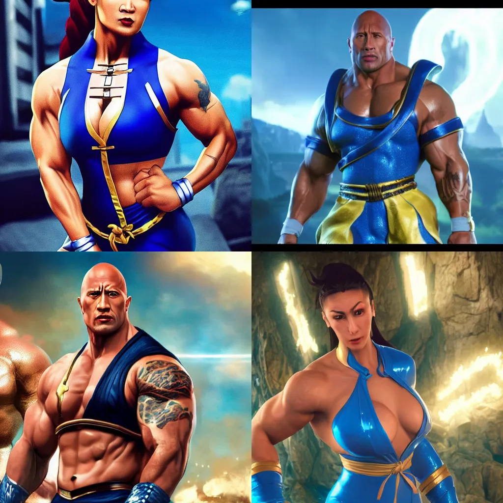 Prompt: dwayne johnson in tight woman chun li outfit with dwayne johnson face and dwayne johnson body, visible head and eyes, dwayne johnson dressing like chun li in street fighter, dwayne johnson wearing chun li's bikini, without chun li , intricate, epic lighting, cinematic composition, hyper realistic, 8k resolution, unreal engine 5, by Artgerm, tooth wu, dan mumford, beeple, wlop, rossdraws, James Jean, Andrei Riabovitchev, Marc Simonetti, yoshitaka Amano, Artstation