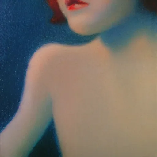 Image similar to close - up of an ivory young gir in a blue and red haunted liminal abandoned room, film still by edward hopper, by gottfried helnwein, by klimt, art noveau, highly detailed, strong lights, liminal, eerie, bright pastel colors,