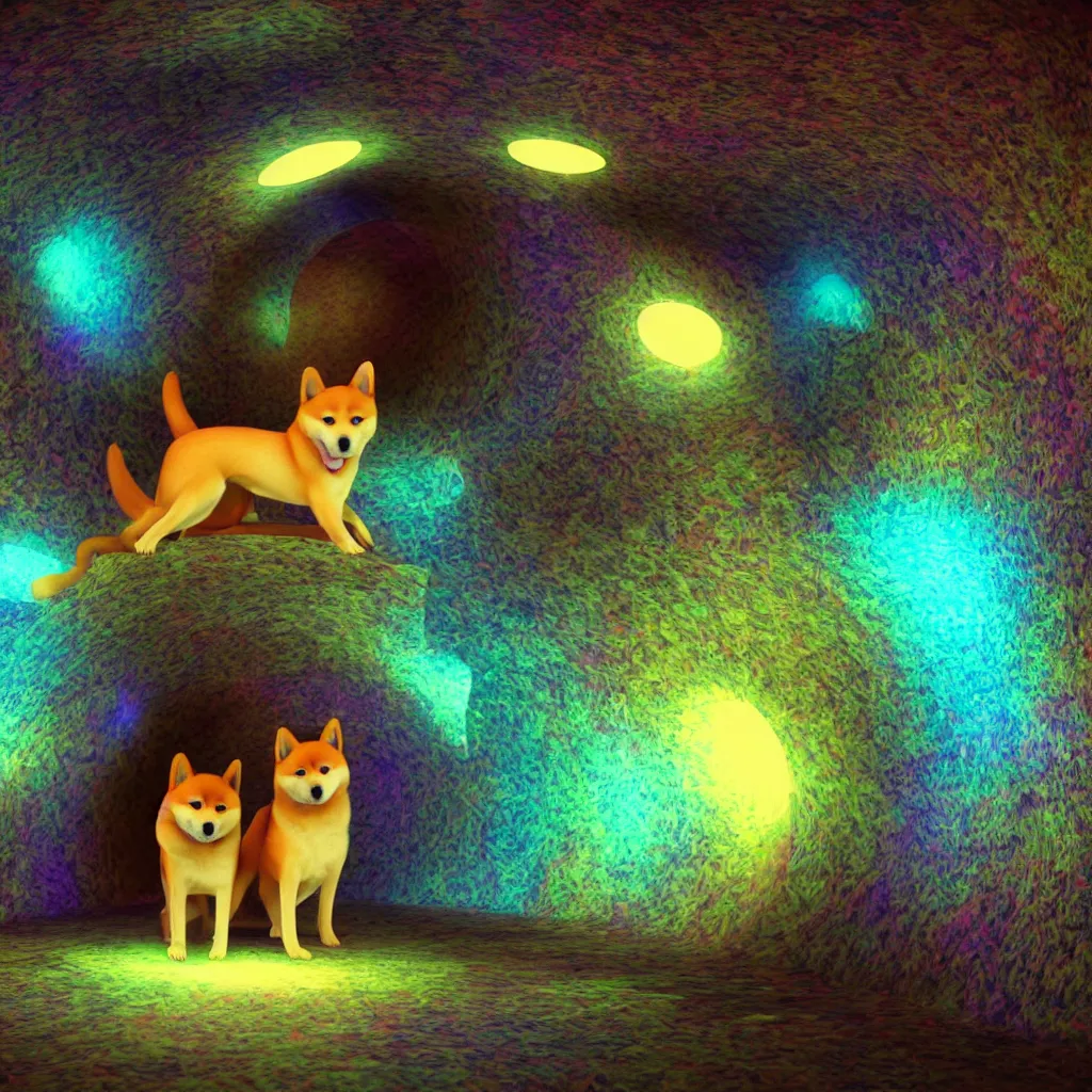 Image similar to two shiba inu in the psychedelic dmt fourth dimensional tunnel, octane 3 d render