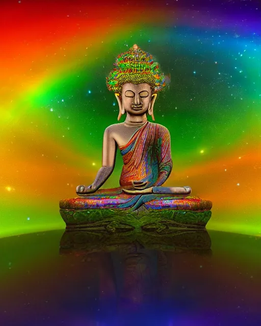 Prompt: the most beautiful star system, sky full of brightly coloured starts, inside of an expansive cave, green tara buddha with a crown of rainbow clouds, floating above a clear mirrored lake, coherent design, symmetrical, vivid color, complementary color, golden ratio, detailed, sharp lines, intricate, rainbowshift, by in unreal engine, nvidia, octane render