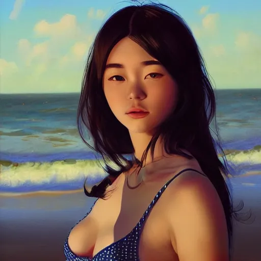 Prompt: oil painting by ilya kuvshinov,, baugh casey, artgerm craig mullins, coby whitmore, of a youthful japanese girl, long hair, fully clothed at the beach, highly detailed, breathtaking face, studio photography, noon, intense bounced light, water reflection, large tree casting shadow, serine intense sunlight in the style of zack snyder