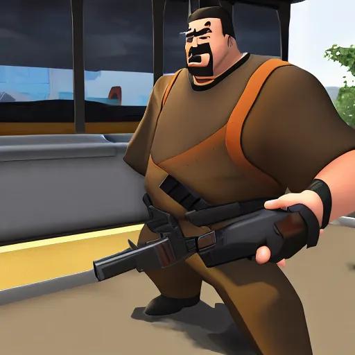 Prompt: heavy weapons guy from tf 2, in line at taco bell