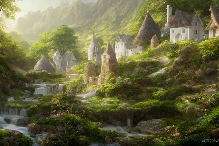 Image similar to A small elven village with elegant white architecture at the bottom of green hills, a winding white pathwalk and a small brook running through, clear blue skies in the background, sunsetting color, octane rendering, mind-blowing detail, trending on artstation, trending on deviant art, intricate, elegant, digital painting, saturated colors, smooth, sharp focus, art by artgerm and Todd Shorr