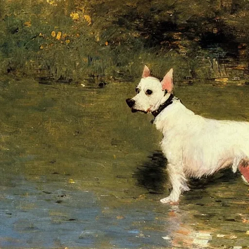 Prompt: A dog watching the water on a pond, painting by William Merritt Chase.