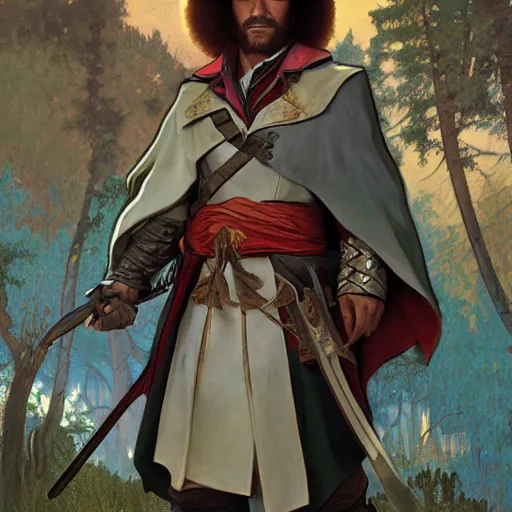 Image similar to an ultra detailed vector image of bob ross dressed as ezio auditore, concept art by alphonse mucha and greg rutkowski, praise the blood moon, octane render, cosmic horror, scary little trees