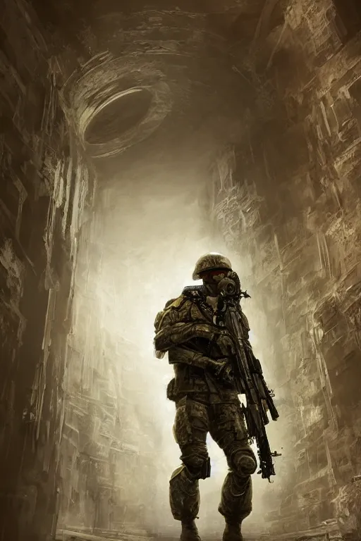 Image similar to ultra realist and ultra intricate detailed soft painting of a futuristic soldier, military, aiming his rifle down a hallway at an approaching xenonorph, sensual gloomy style, volumetric clouds, artstation, unreal render, depth of field