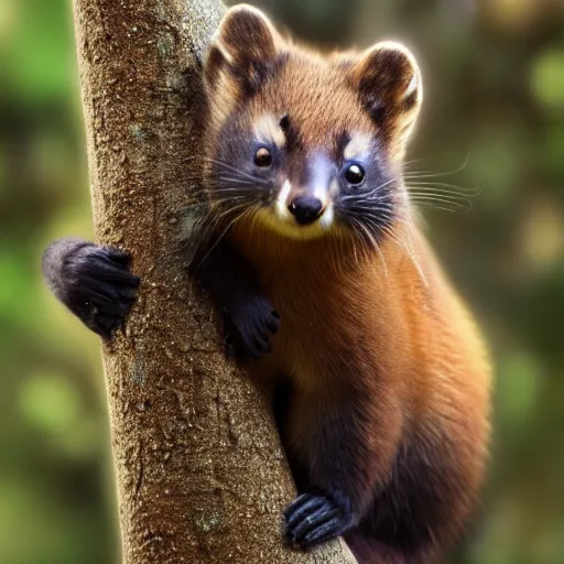 Image similar to realistic anime woman holding a pine marten, high quality, beautiful face, octane render