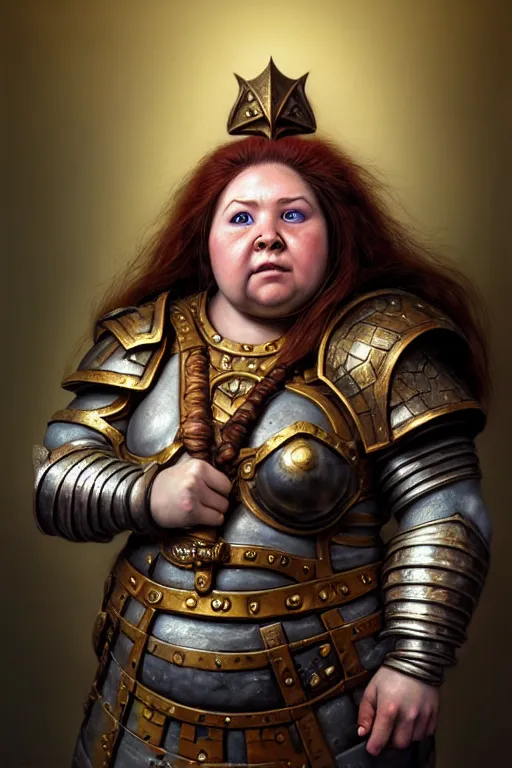 Image similar to hyperrealistic mixed media painting of a female dwarven cleric, chubby short stature, d&d, full body, mighty warhammer slug over her shoulder, stunning 3d render inspired art by P. Craig Russell and Barry Windsor-Smith + perfect facial symmetry + dim volumetric lighting, 8k octane beautifully detailed render, post-processing, extremely hyperdetailed, intricate, epic composition, grim yet sparkling atmosphere, cinematic lighting + masterpiece, trending on artstation, very very detailed, masterpiece, stunning